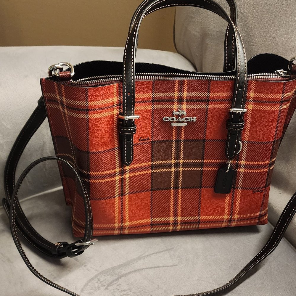 Coach Plaid Leather Tote in Red and Brown